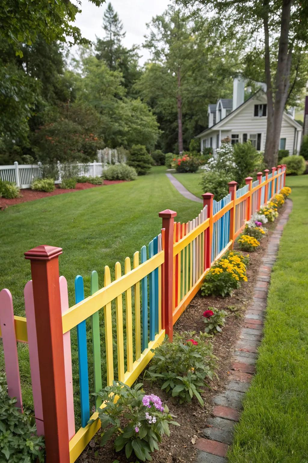 A colorful painted split rail fence includes a cutting edge turn to a provincial yard.