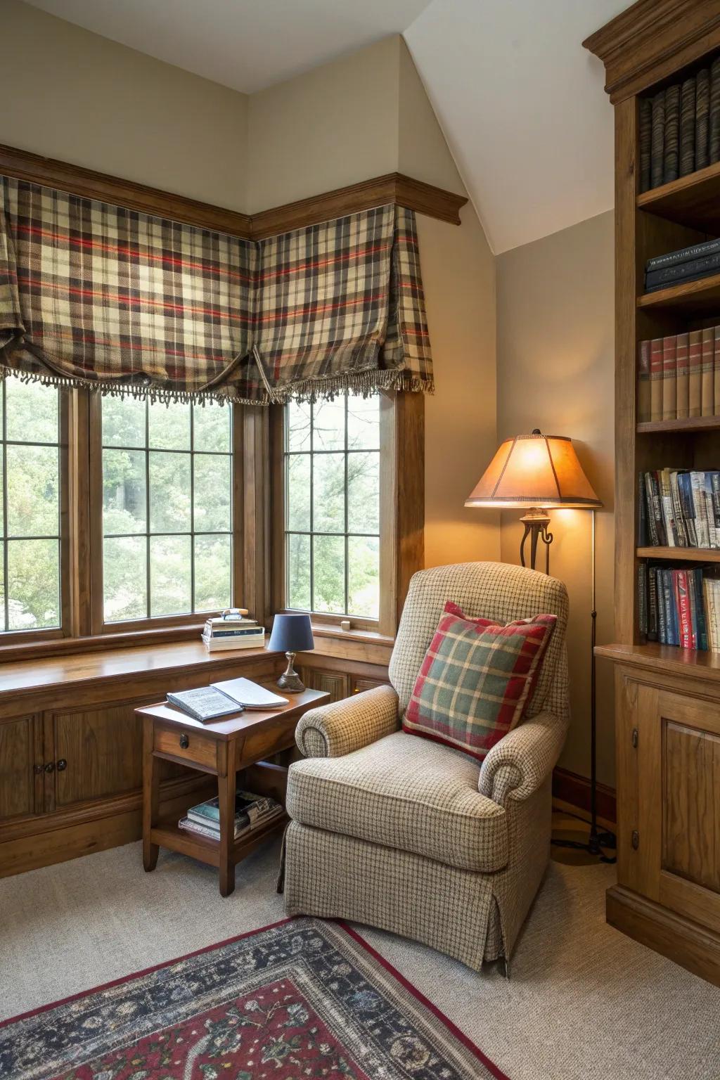 A snug reading alcove showcasing a checked pattern valance that incorporates a traditional countryside impression.