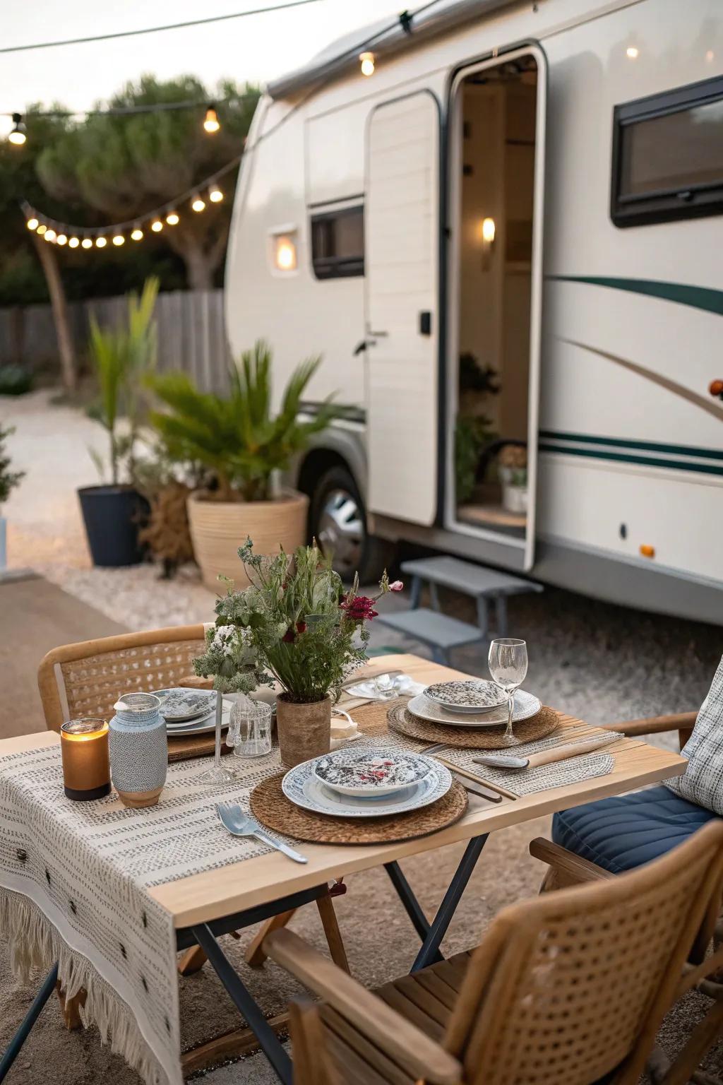 A dining area makes outdoor meals a delightful experience.