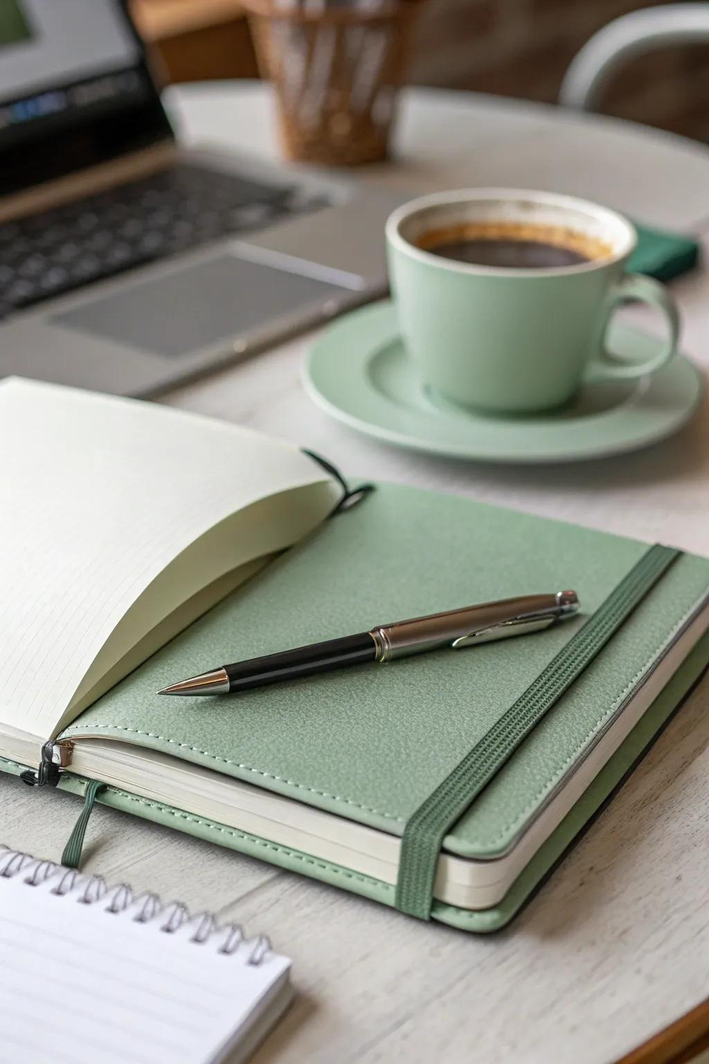 A sage green diary encourages imagination and personal expression.
