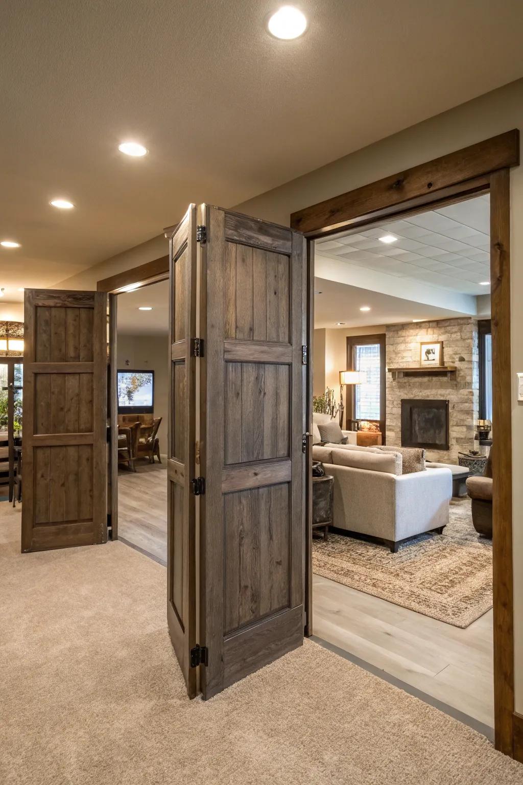 Functional room dividers achieved with saloon doors.