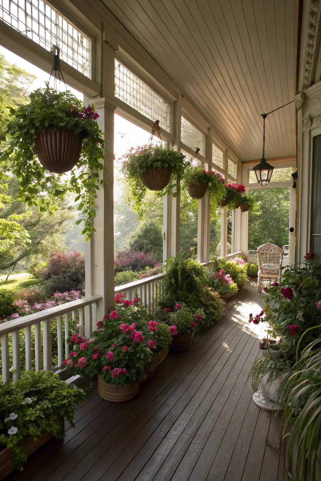 A floral-adorned porch conveys nature’s grace to your doorstep.