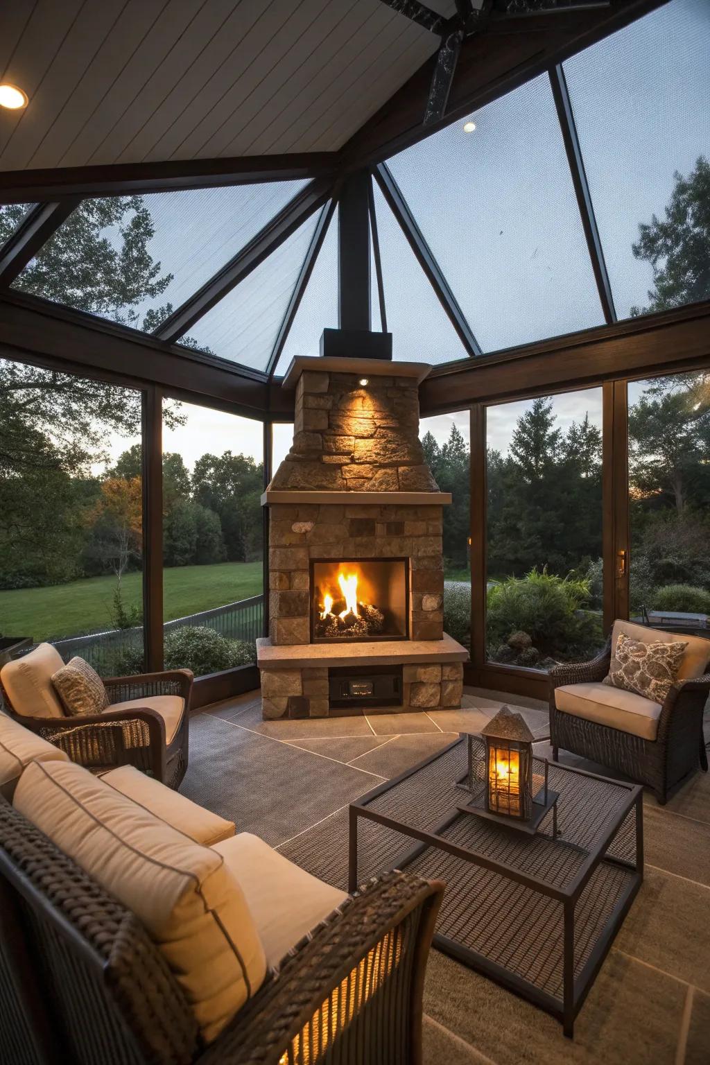 A welcoming fireplace in a veranda setting.