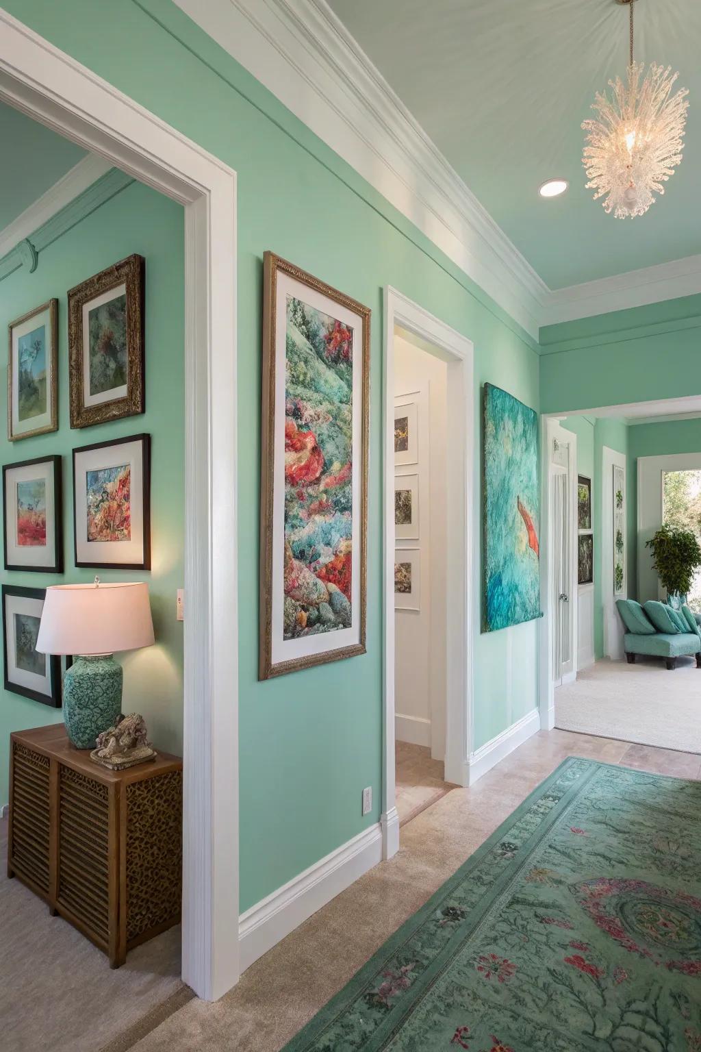 An artistic living space showcasing seafoam green painted walls and dynamic art.
