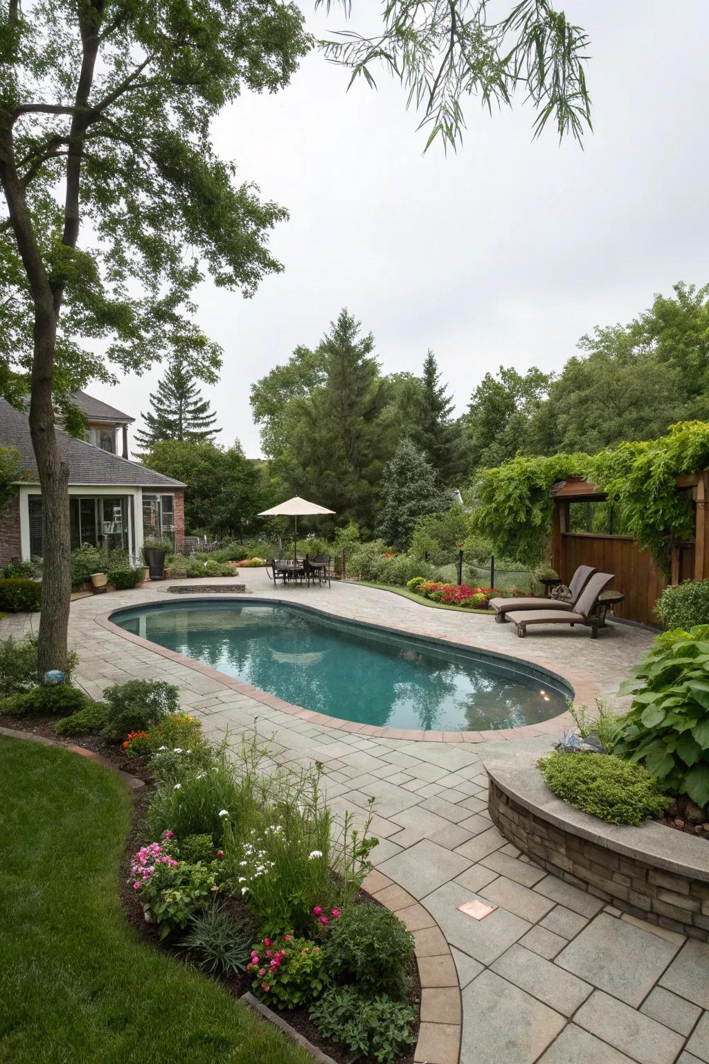 A partially submerged pool smoothly integrated into a harmonious yard layout.