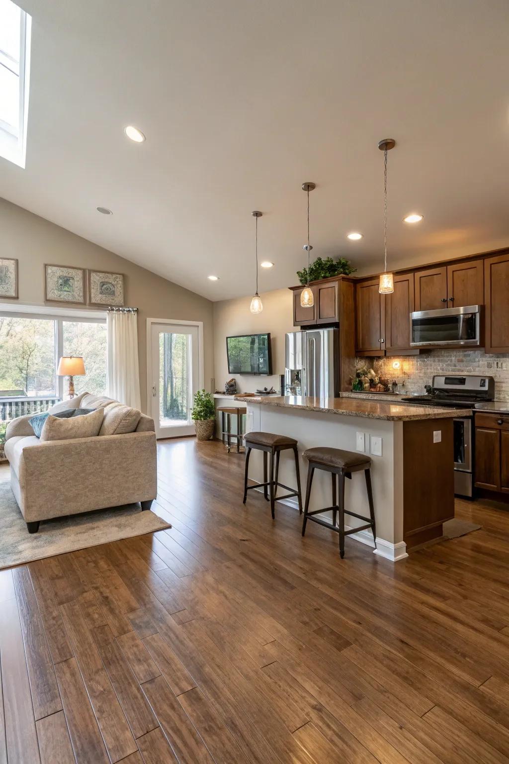 Uninterrupted flooring offers a seamless passage between spaces.