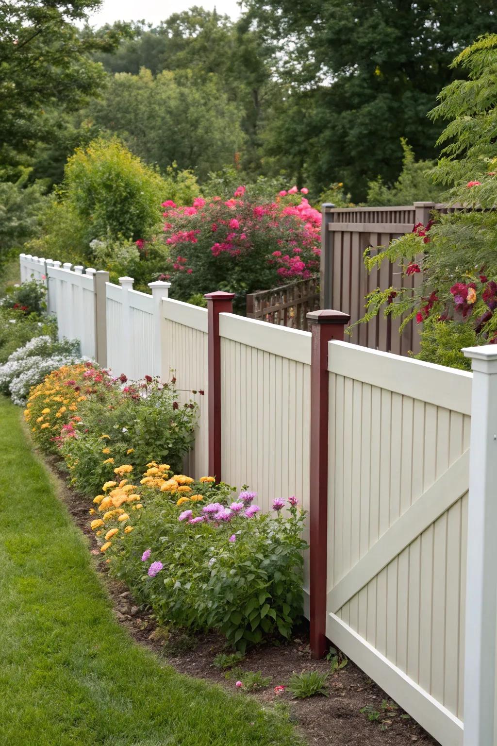 Dual-tone fencing cultivates visual intrigue and dimension in this vibrant garden panorama.
