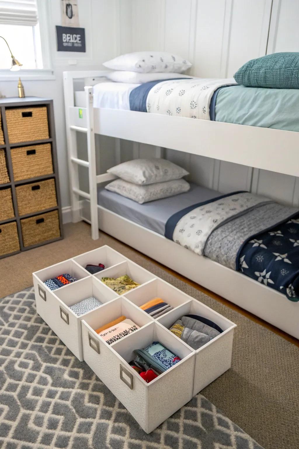 Under-sleeping platform storage maintains the clutter-free aesthetic of this shared room.