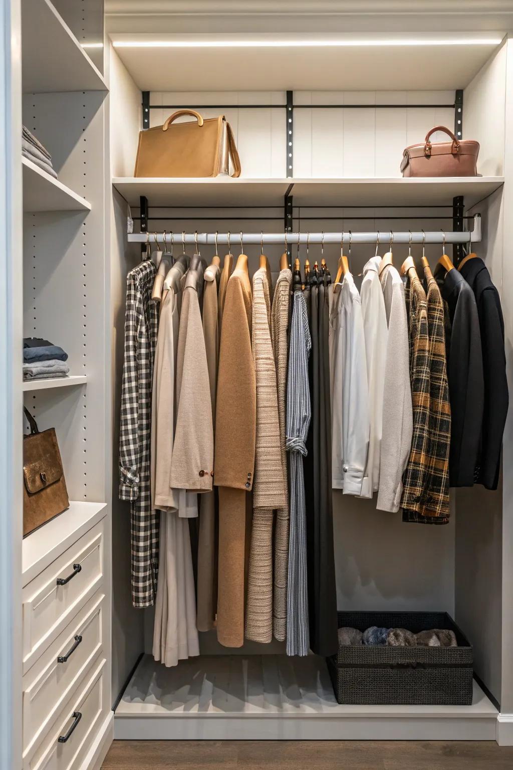 A closet utilizing separate zones for varied garment types.