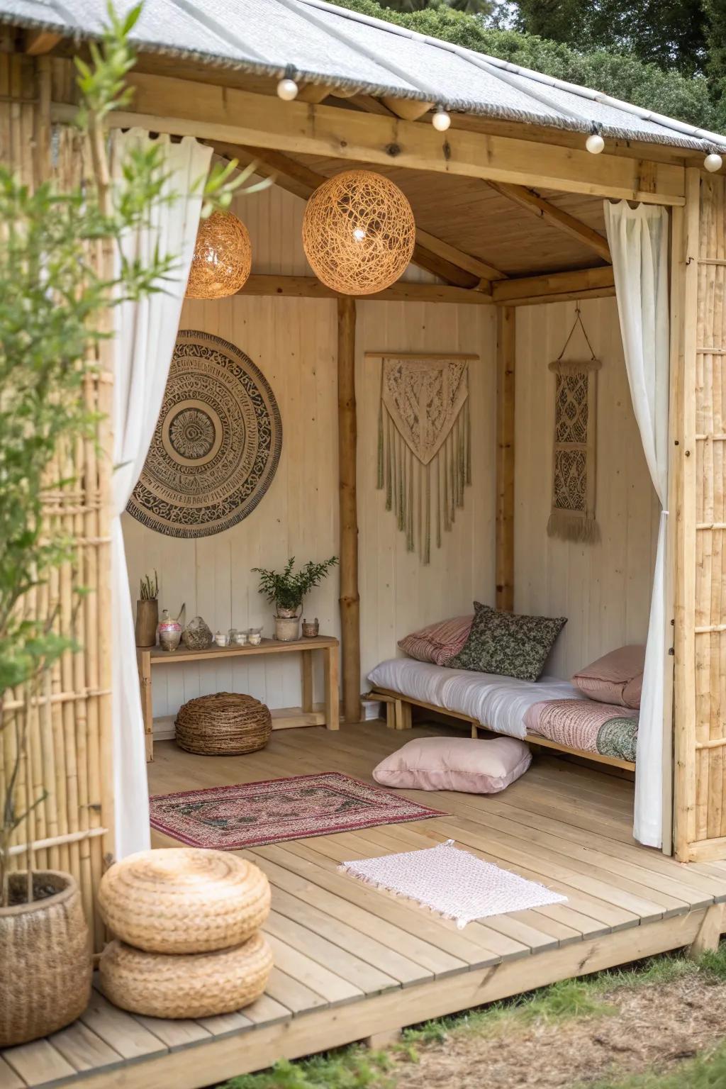 Design a meditation sanctuary in your she shed with nature-inspired decorations and calm colors.