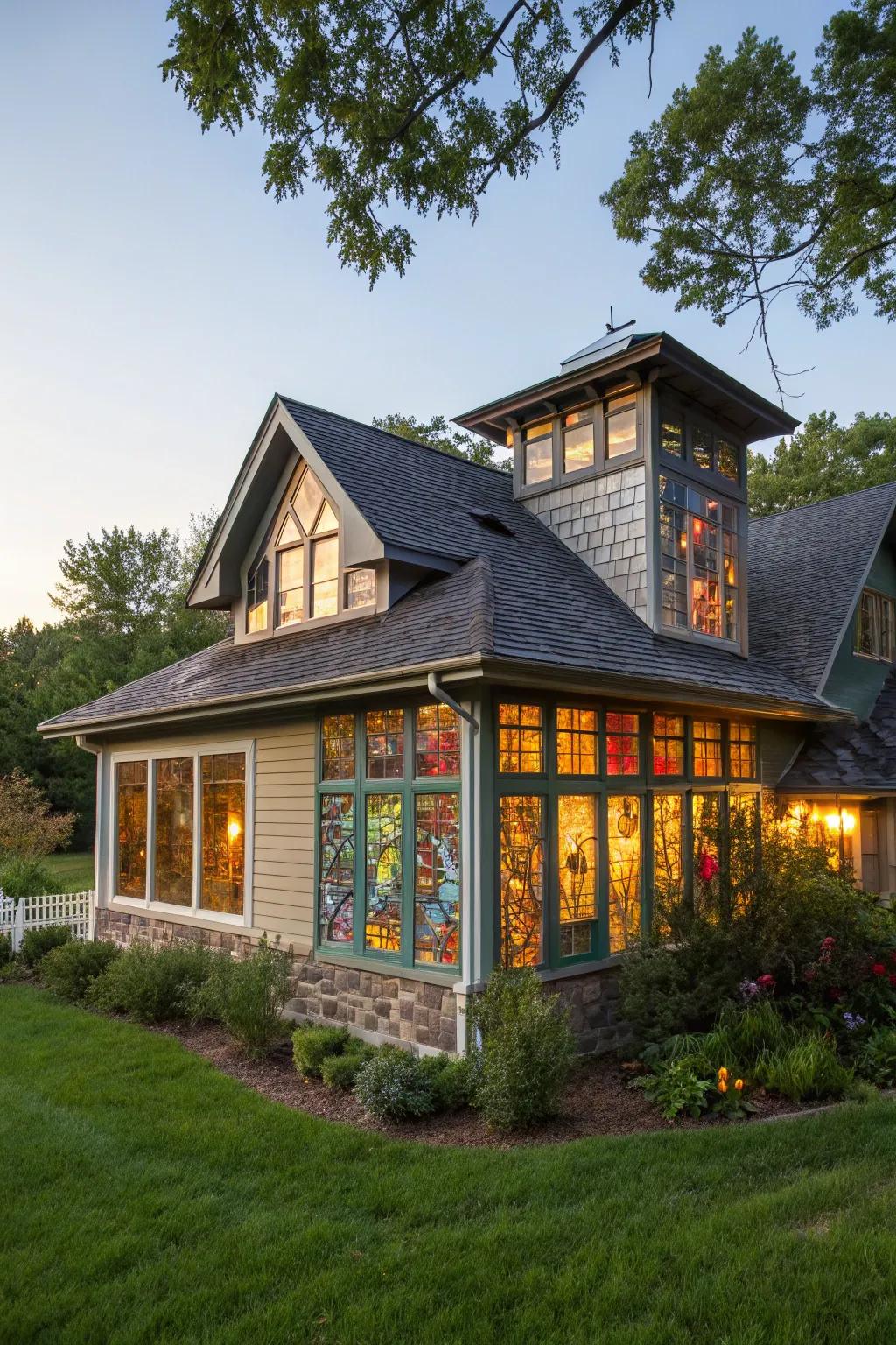 A home with a shed dormer adorned with stained glass.