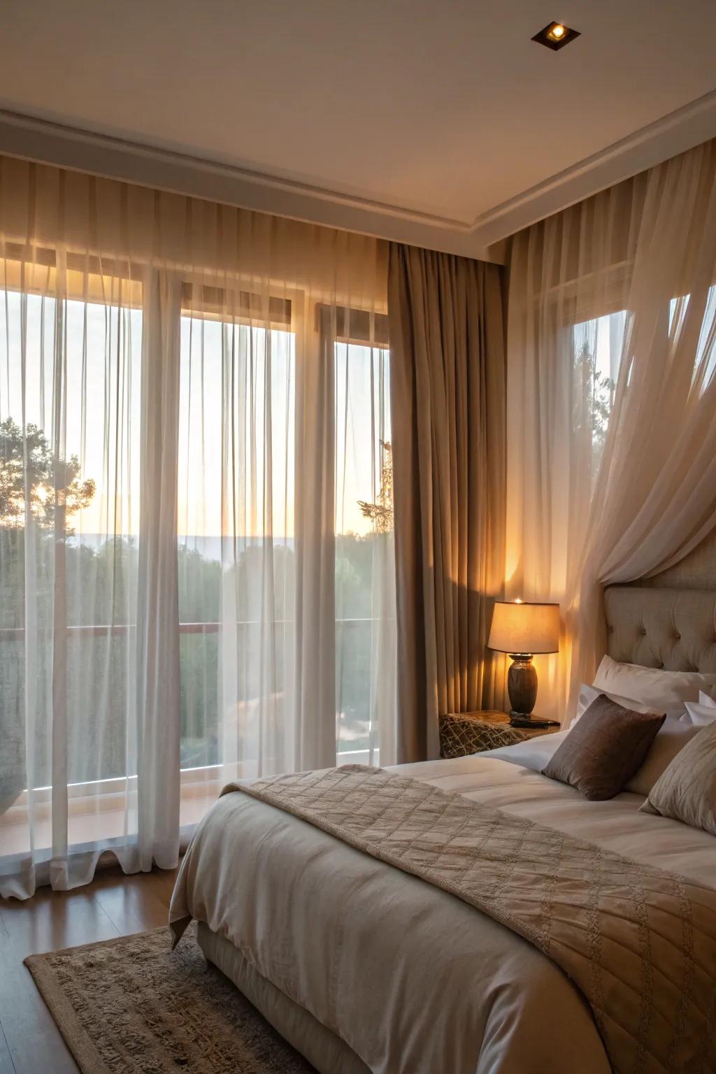 Layering light-filtering curtains with drapes grants adaptability in light and privacy regulation.