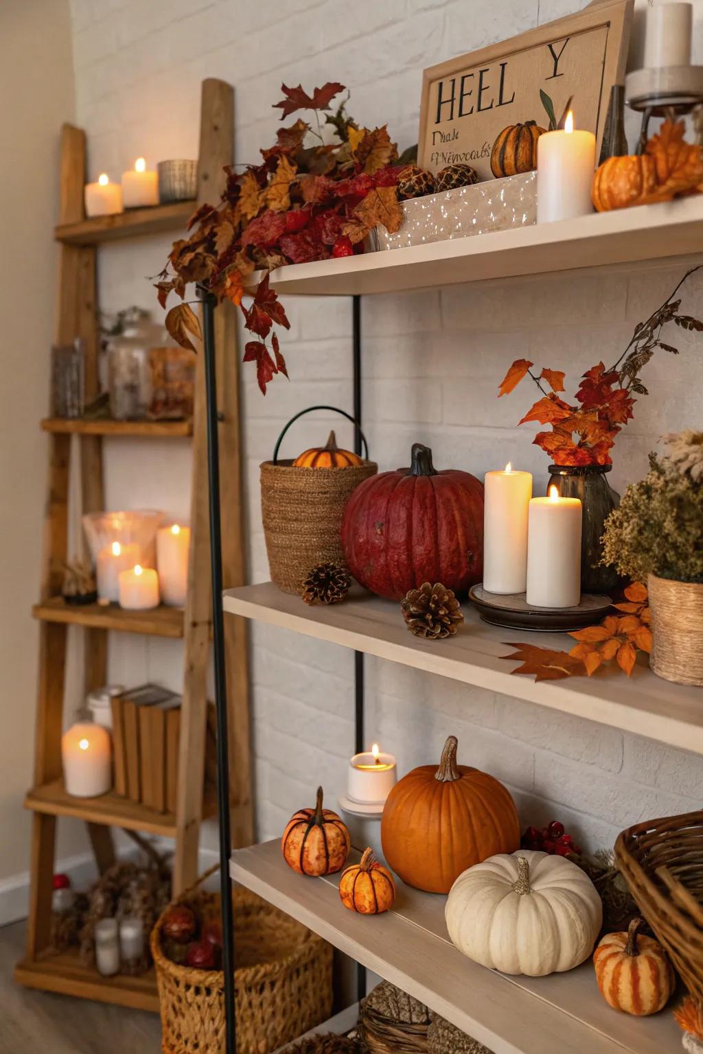 Seasonal décor maintains shelves revitalized and current.