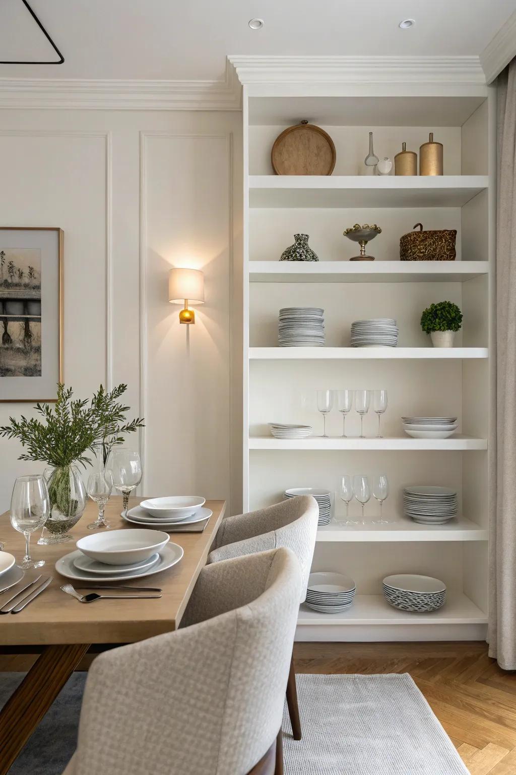 Understated shelving enriches the pristine aesthetic of the dining area.