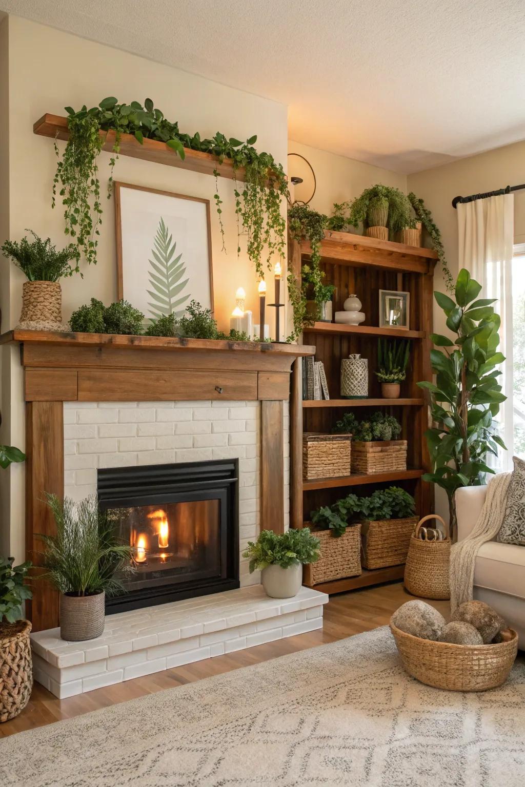 Plants and natural decor enhance the shelves with a refreshing touch.