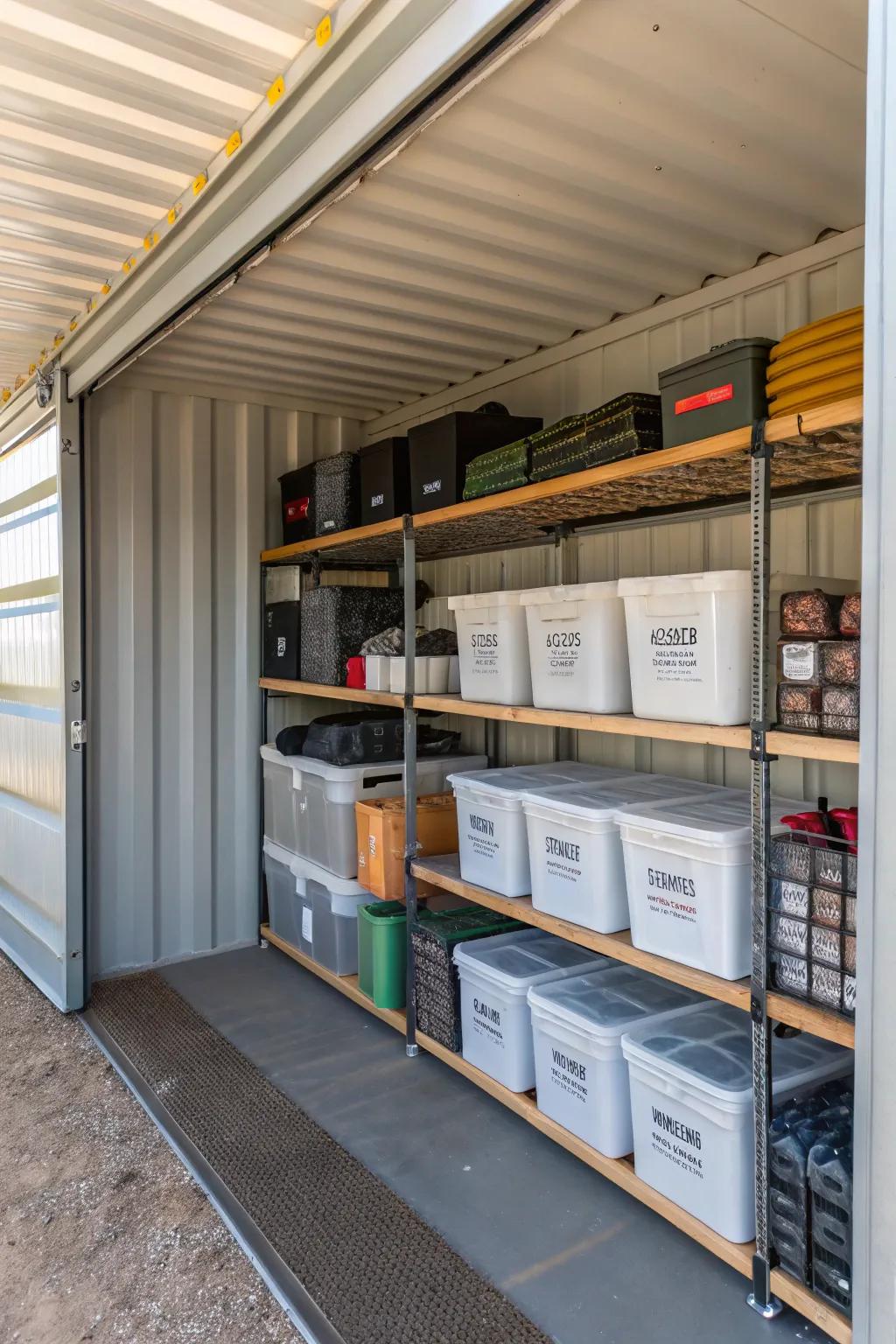 Effective storage solutions implemented in a metal box barn.