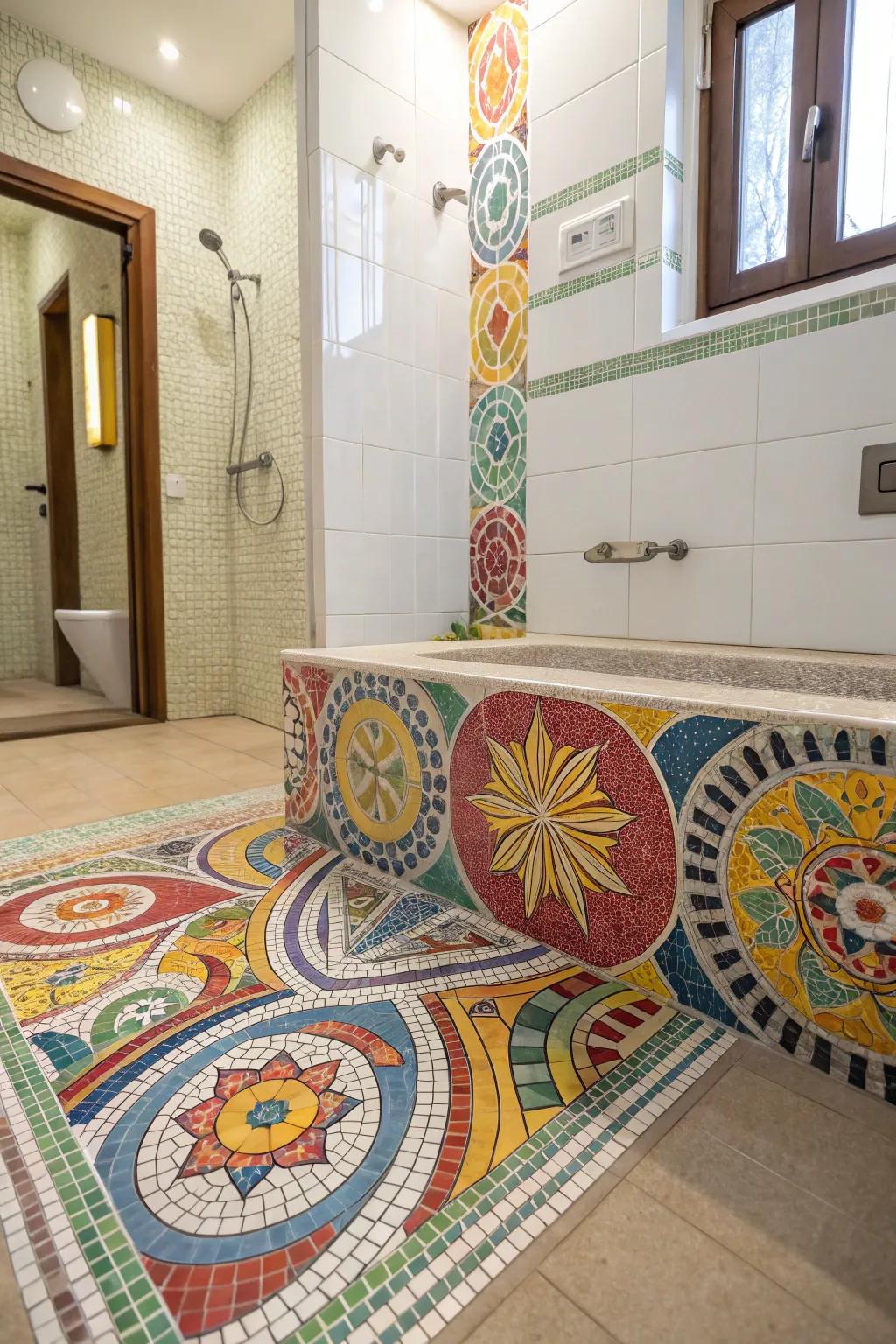 Mosaic patterns introduce a distinctive and artistic dimension to shower curbs.