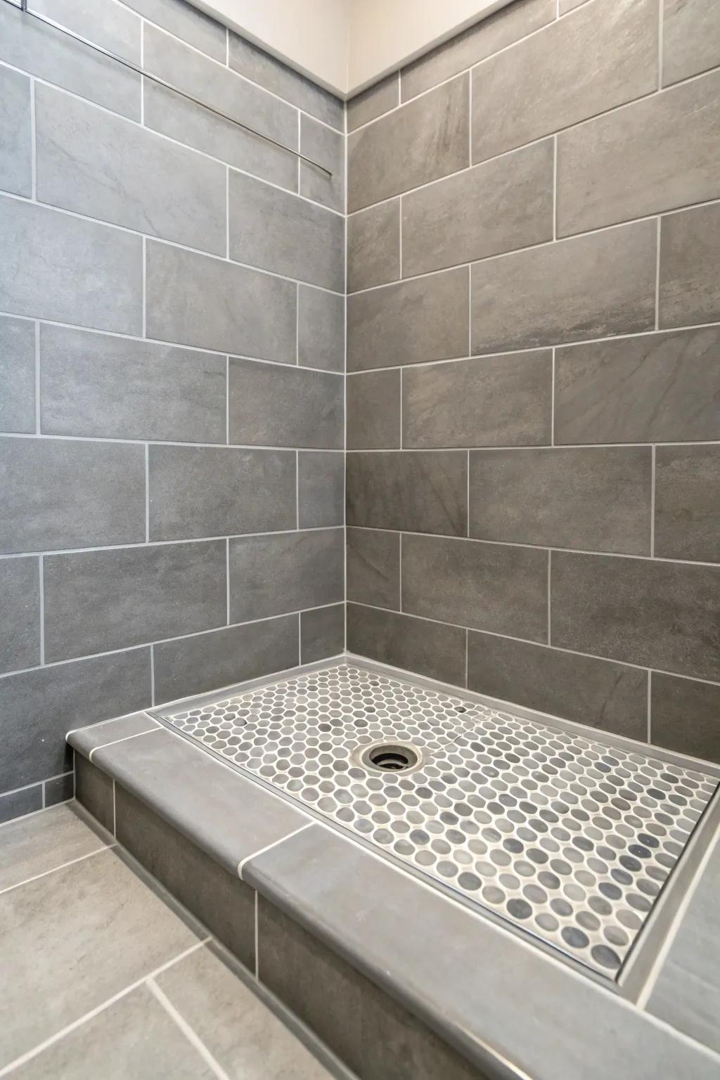 Large ashy tiles on a shower space offer a consistent and modern look.