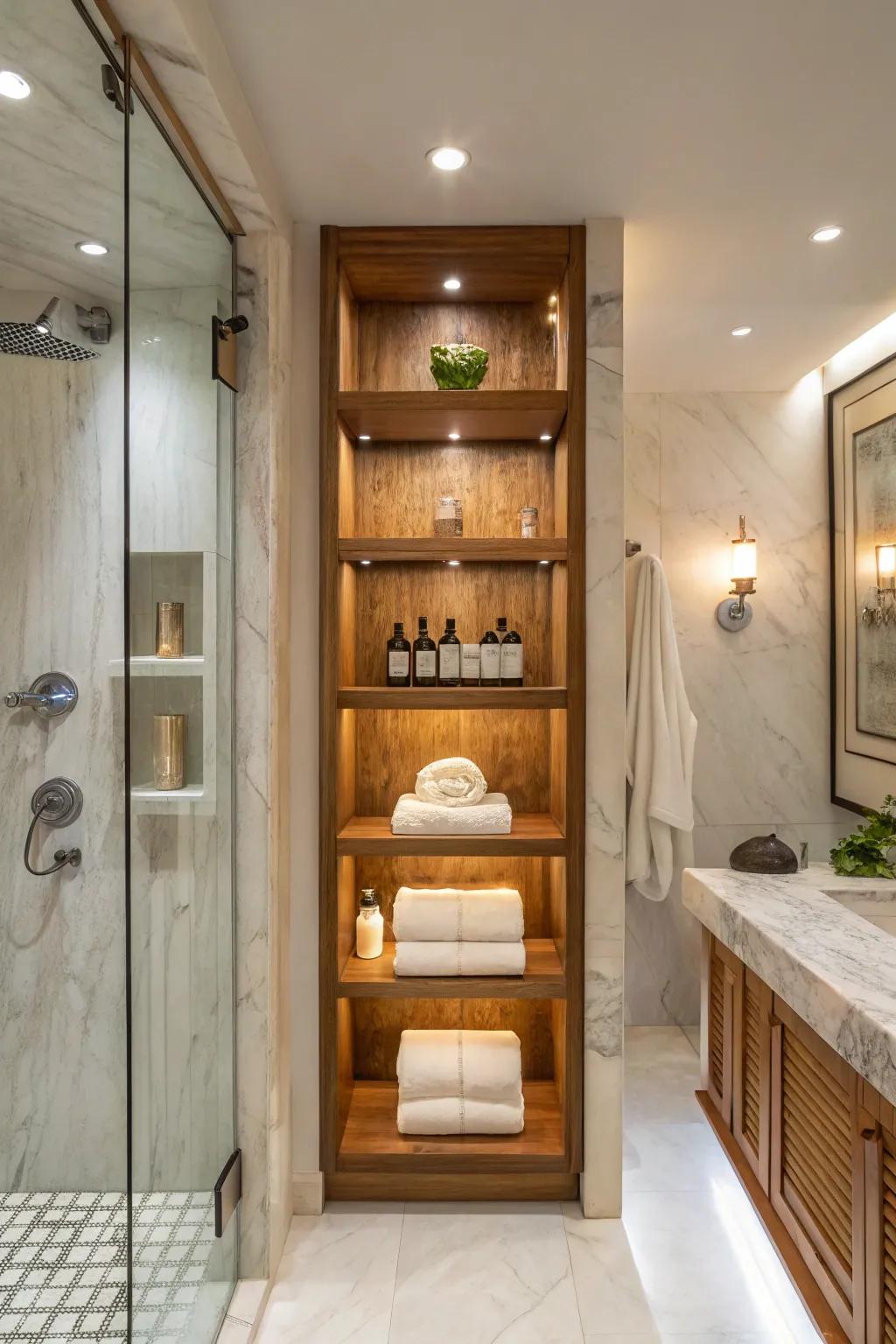 Teak fixtures cultivate a deluxe, spa-esque atmosphere.