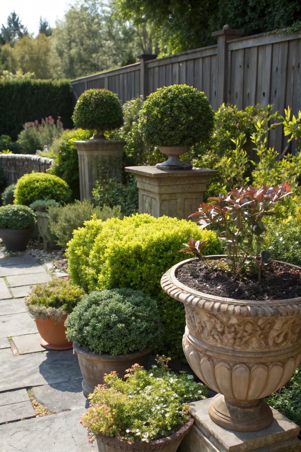 A spectrum of inventive containers injects dimension and intrigue within the garden.