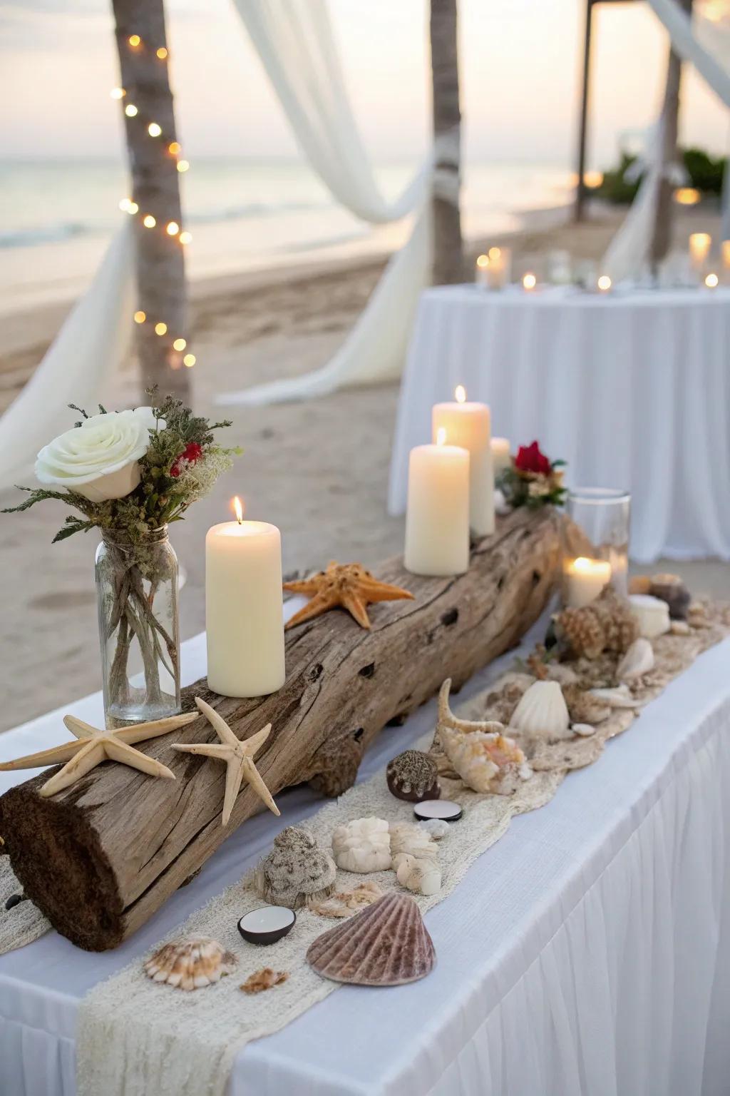 A bride and groom table with coastal features such as driftwood and shells.