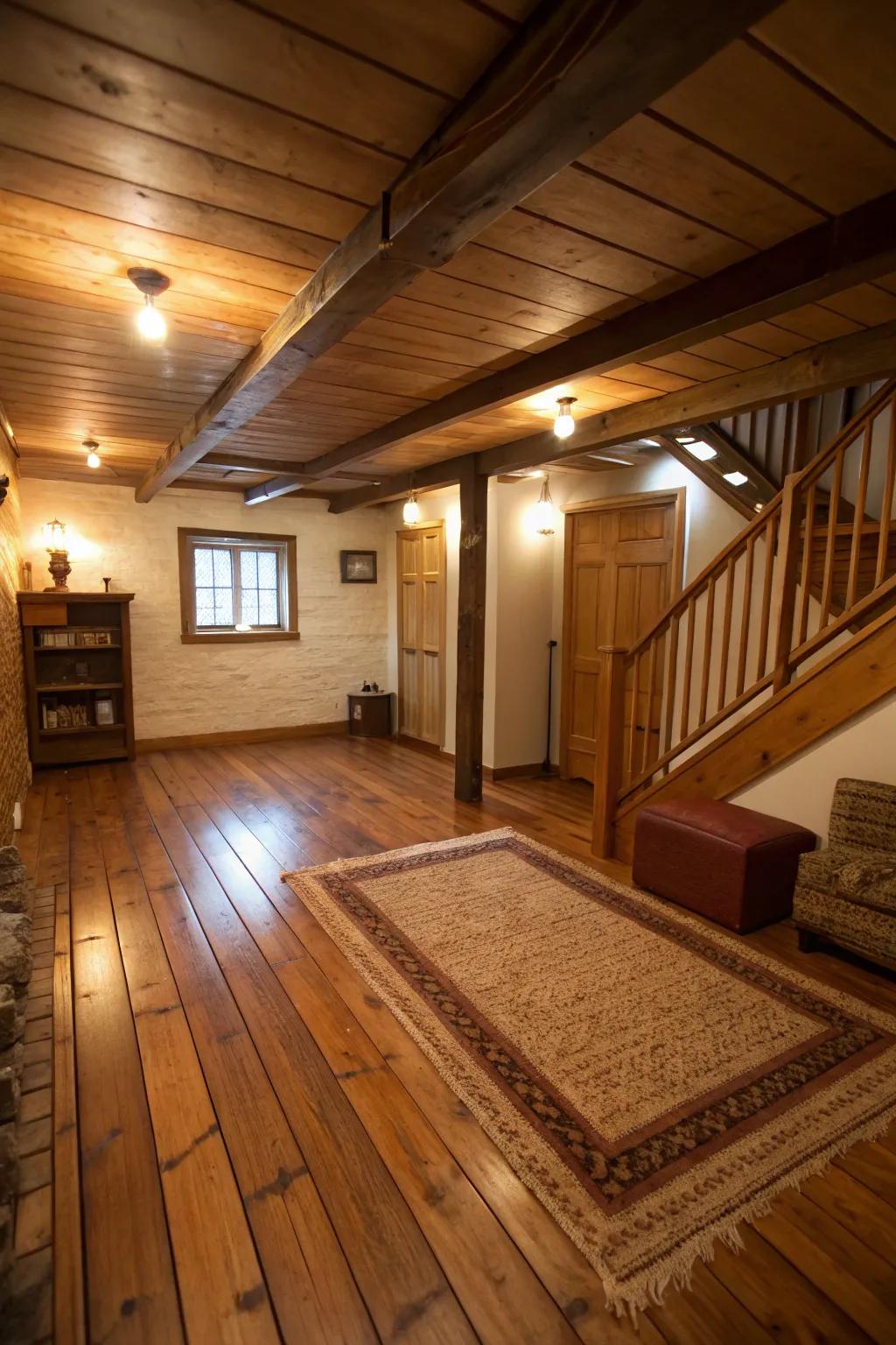 Flooring in warm tones introduces comfort to your basement.