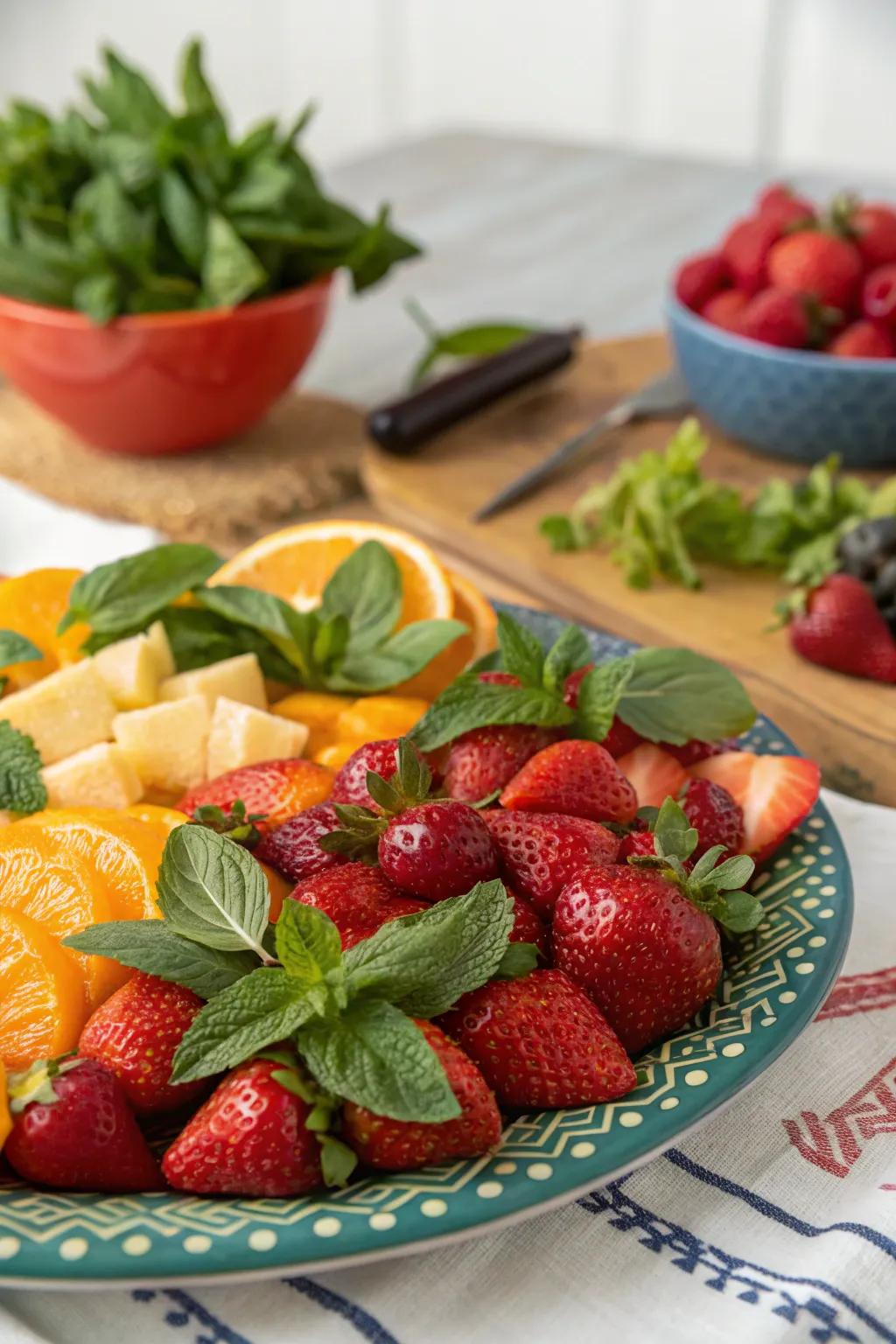 Foliage embellishments impart a revitalizing element to your fruit table.