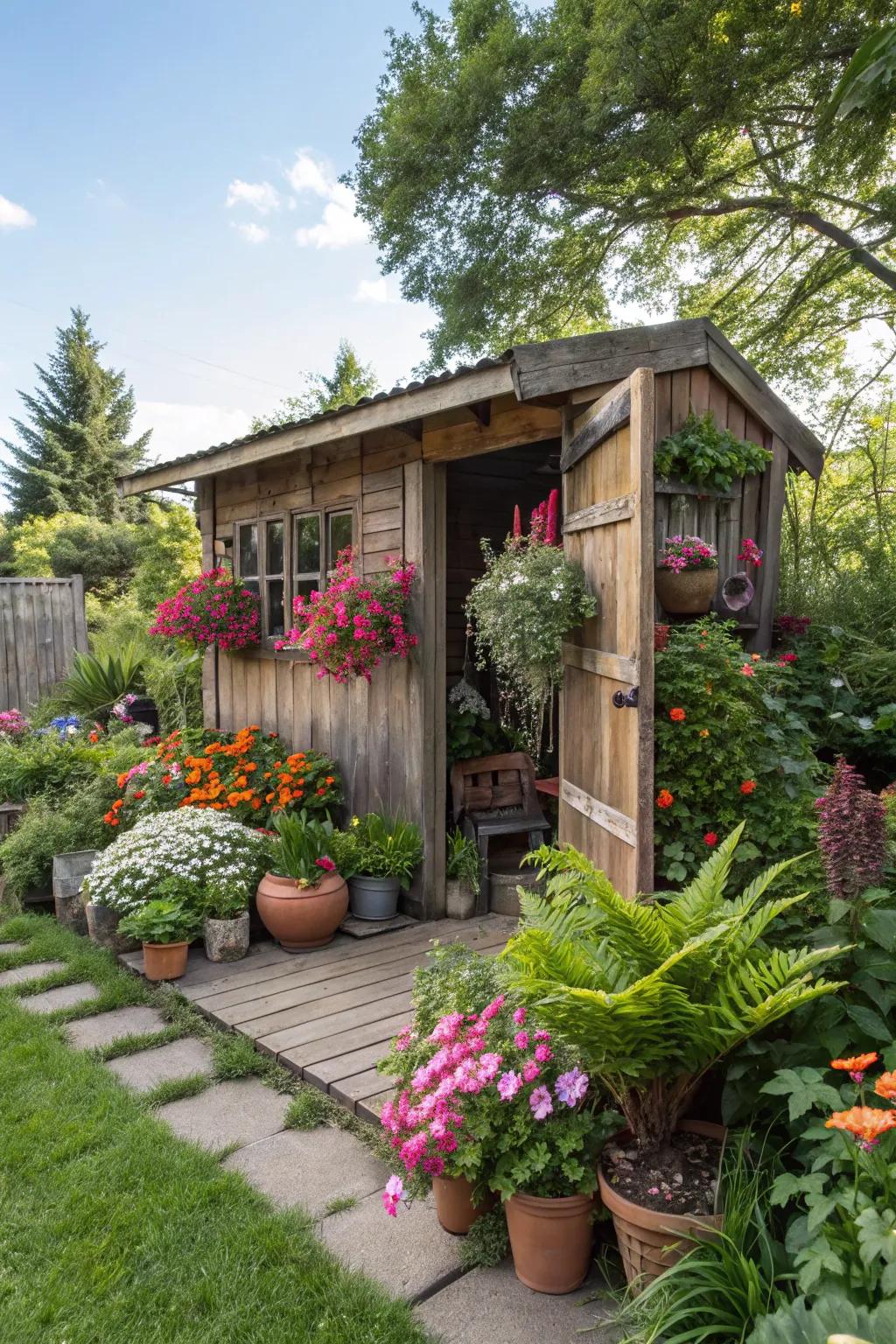 Potted plants provide versatility and seasonal elegance to your shed.