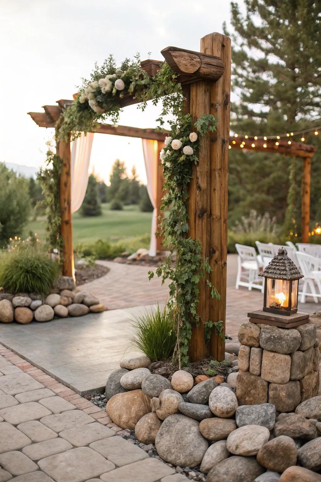 Native components like stones and timber introduce texture and dimension to wedding decorations.
