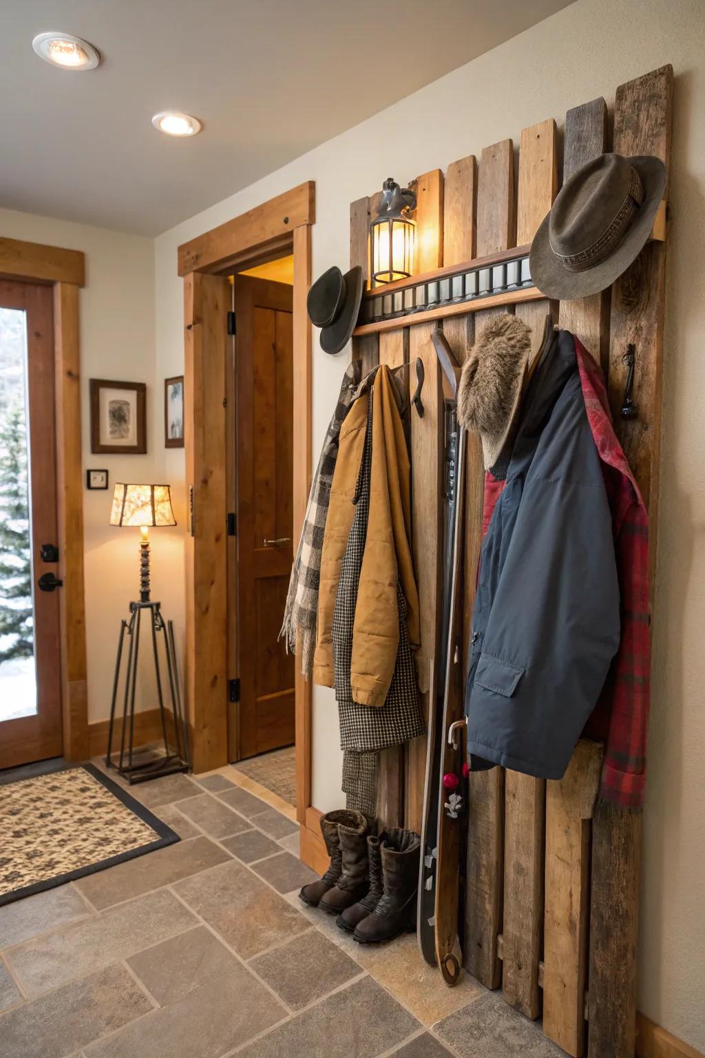 Maintain organization in your entryway with a ski-inspired coat rack.