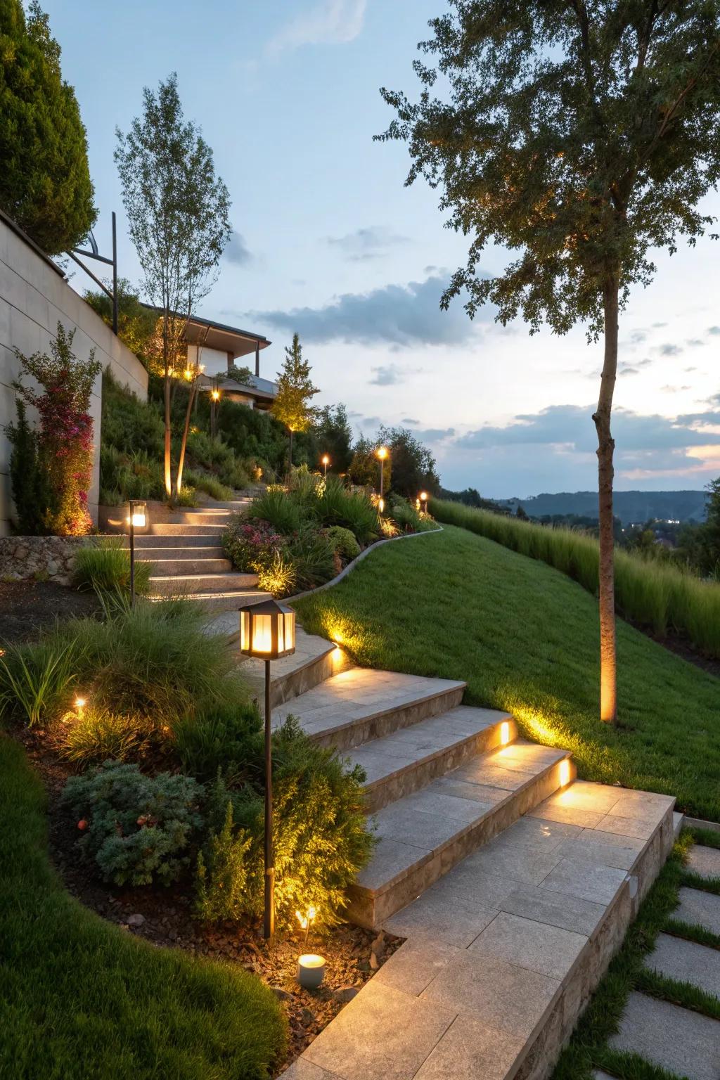 Decorative lighting enhances safety and aesthetic appeal during evenings.