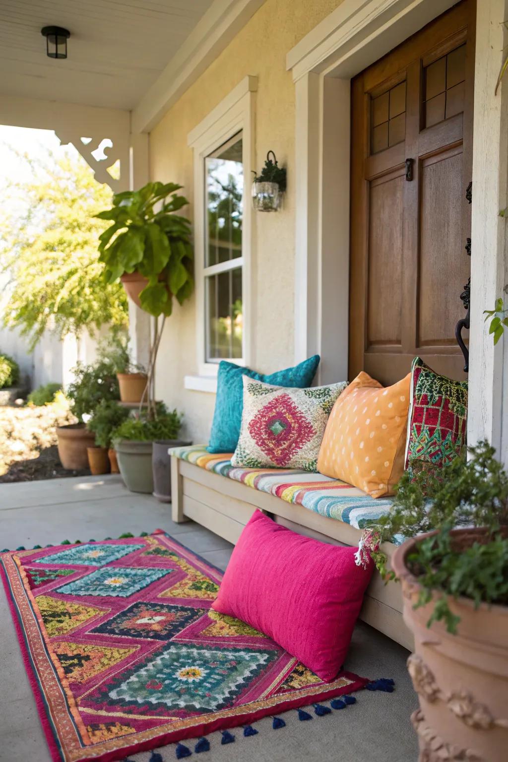 Chromatic accents like pillows and rugs introduce vibrancy to a modest veranda.