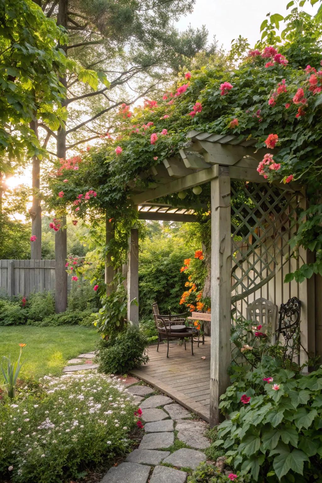 A pergola delivers shade and promotes the beauty of climbing verdure.