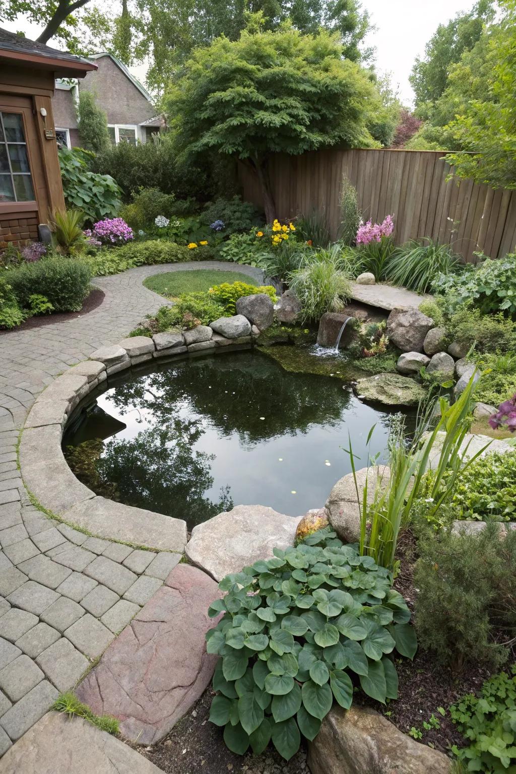 An oval-shaped pond that contributes a distinctive element to the garden.