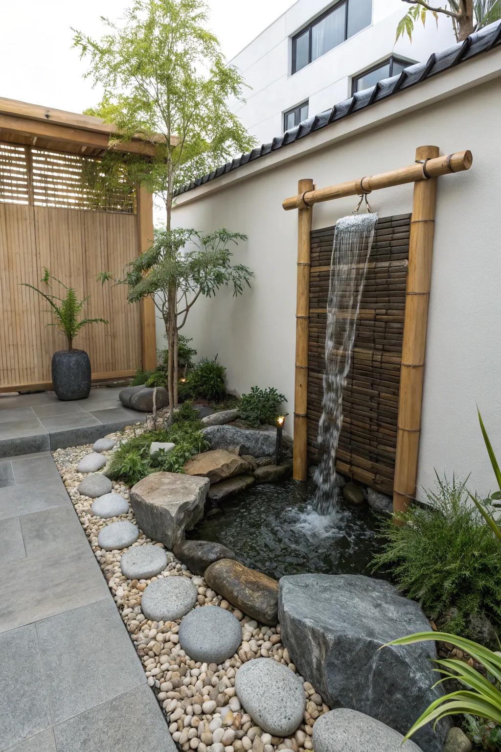 A Zen garden waterfall engenders a serene and meditative backyard atmosphere.