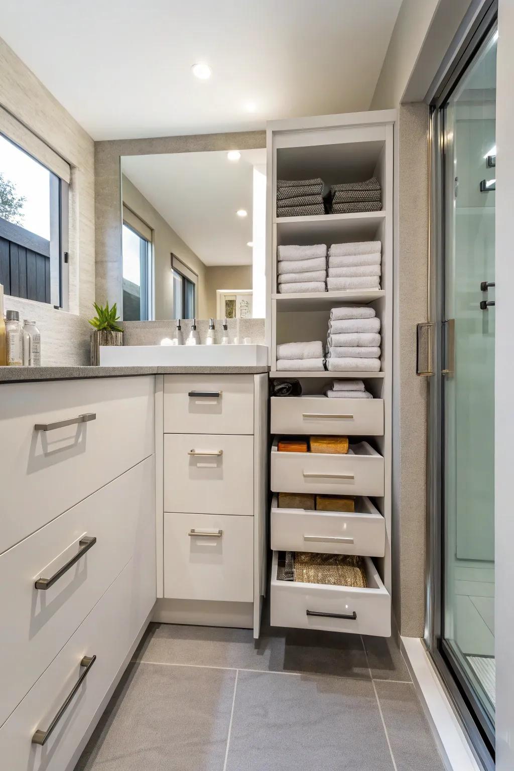 Maintain a clutter-free bathroom by keeping towels hidden in cabinets.