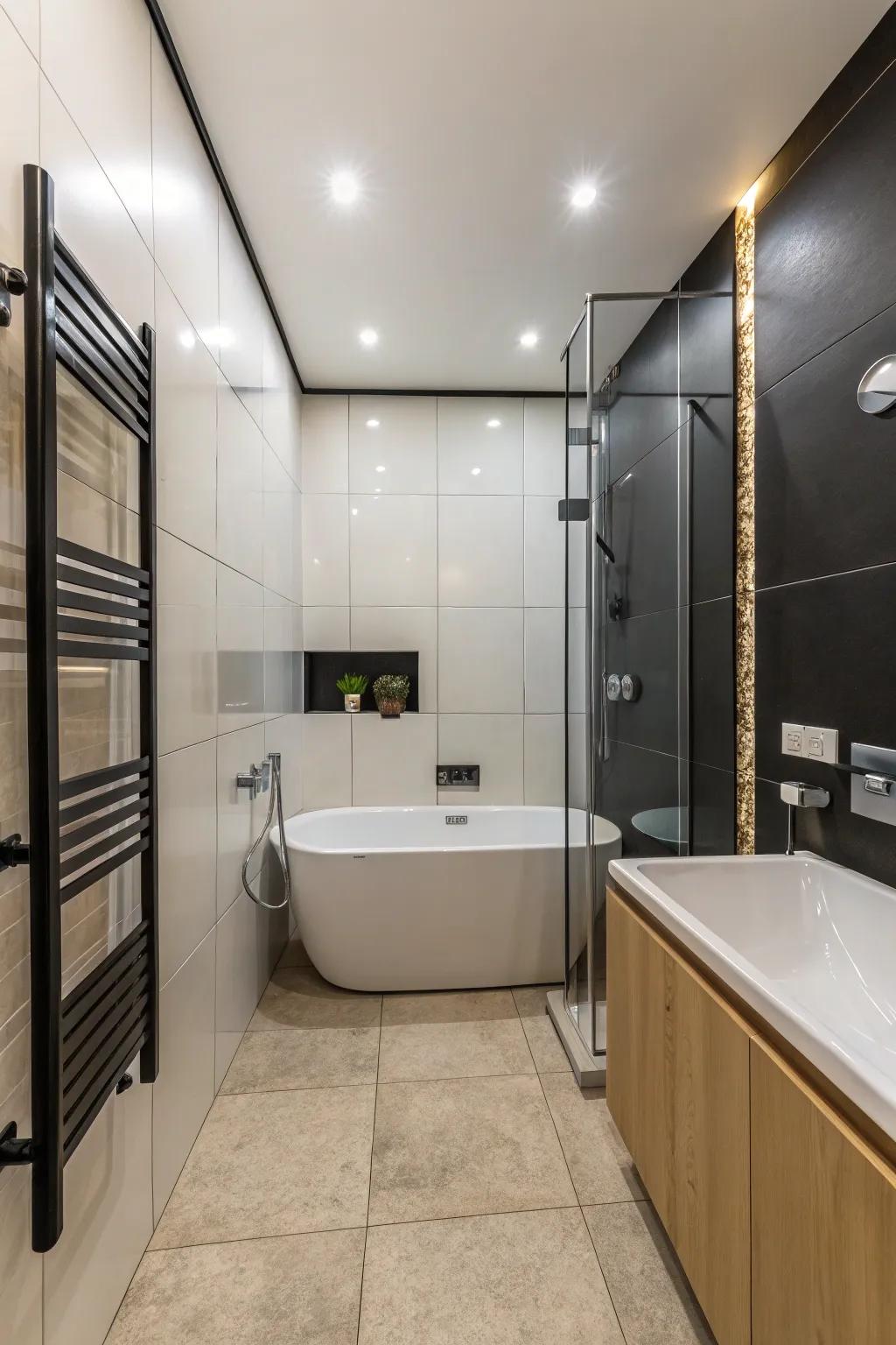 Shimmering panels feature in a compact bathroom, magnifying brightness and a cutting-edge aesthetic.