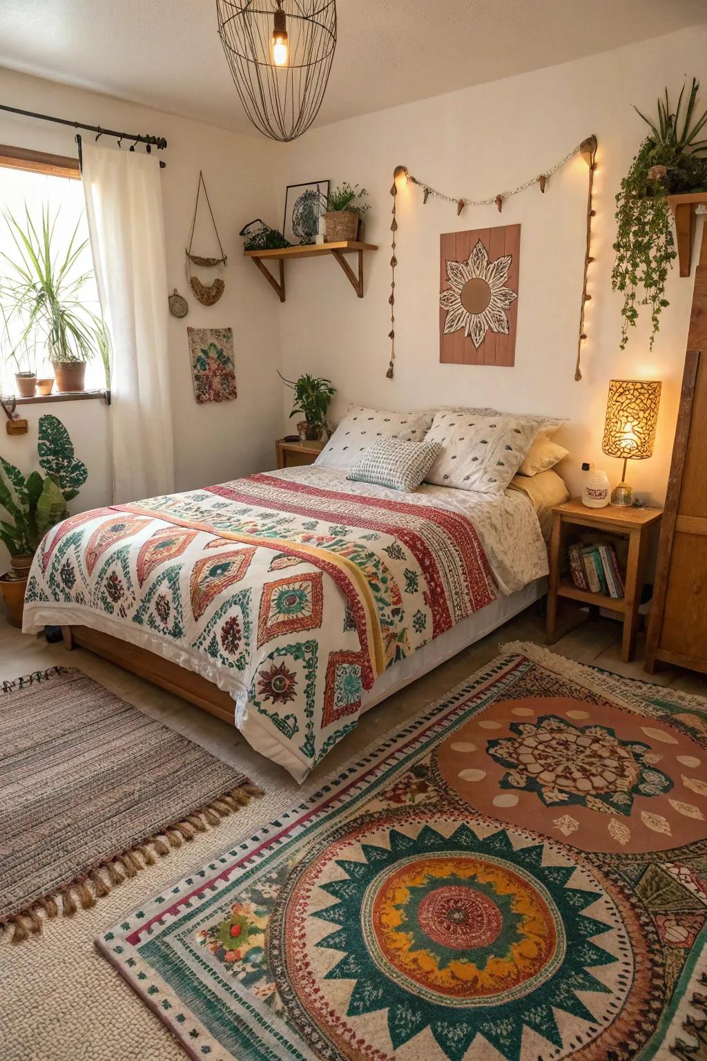 Mixed patterns contribute visual intrigue and uniqueness to this boho bedroom