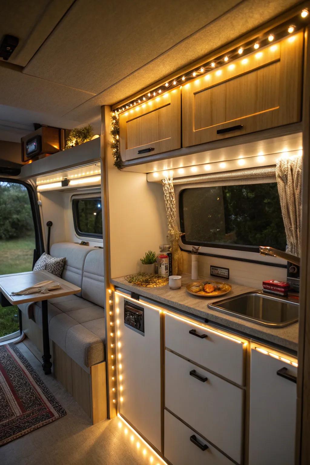Warm lighting inside a camper creates a comfortable and inviting atmosphere.