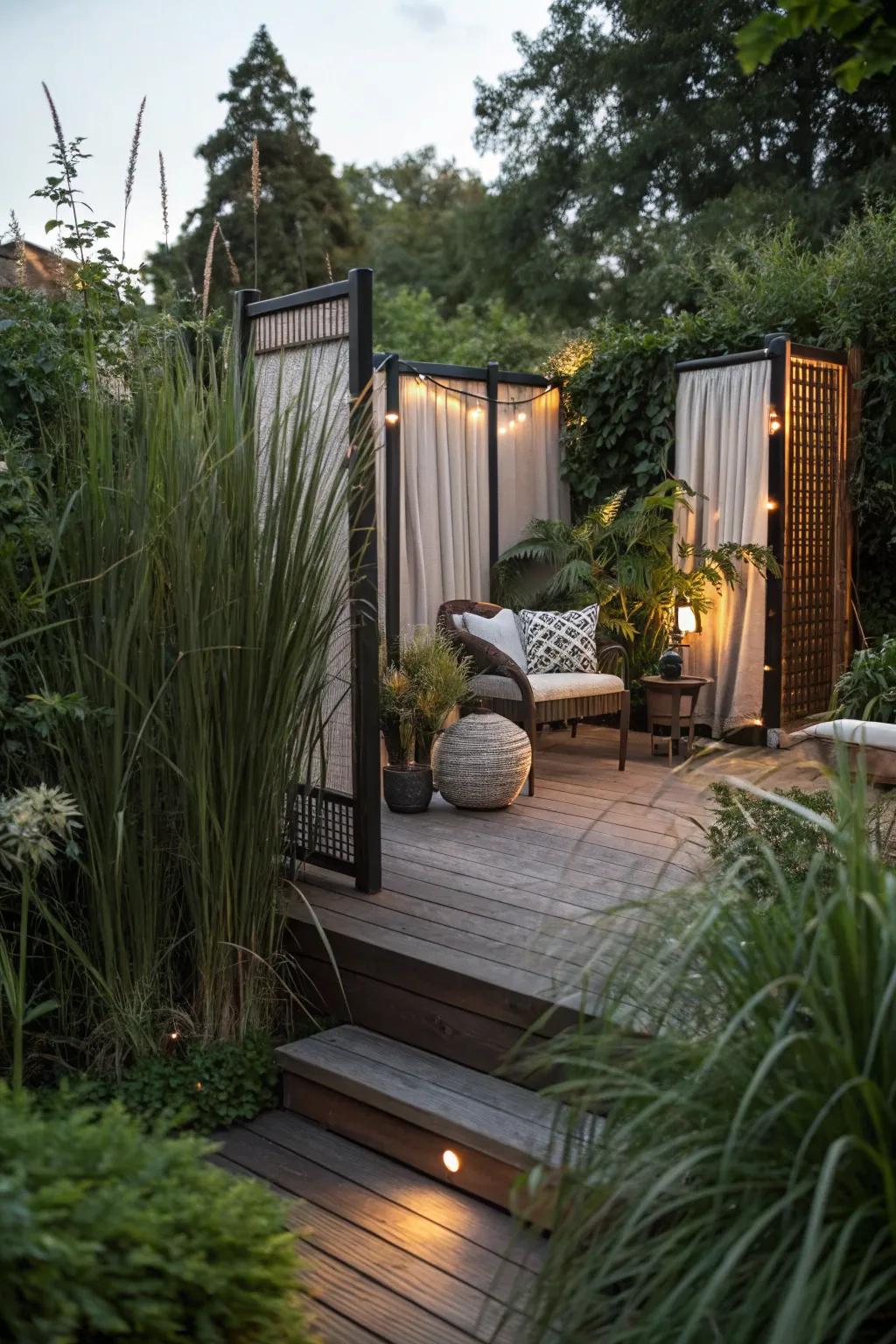 Plants and screens provide seclusion and a sense of privacy.