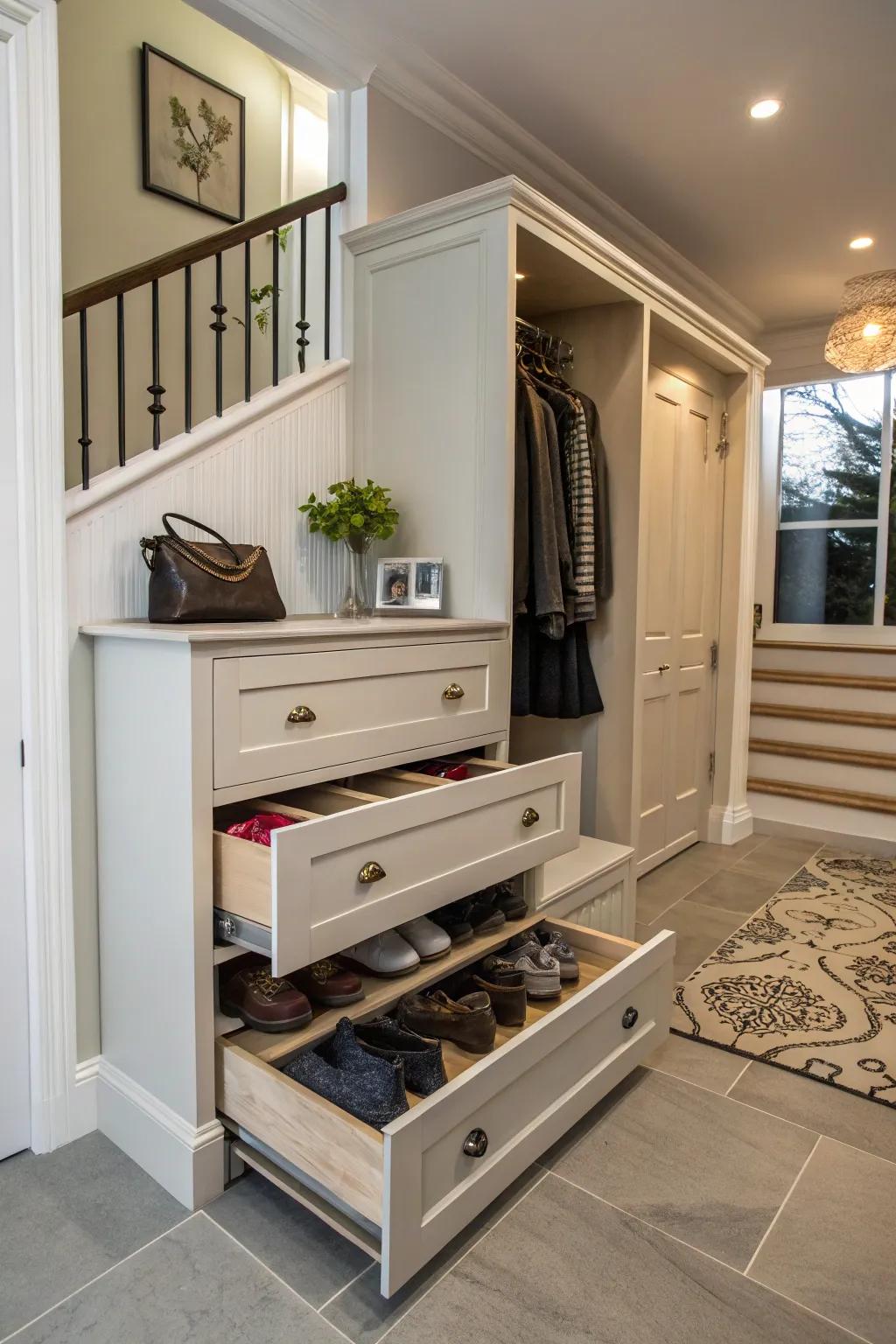 Concealed drawers in furniture offer discreet footwear storage.