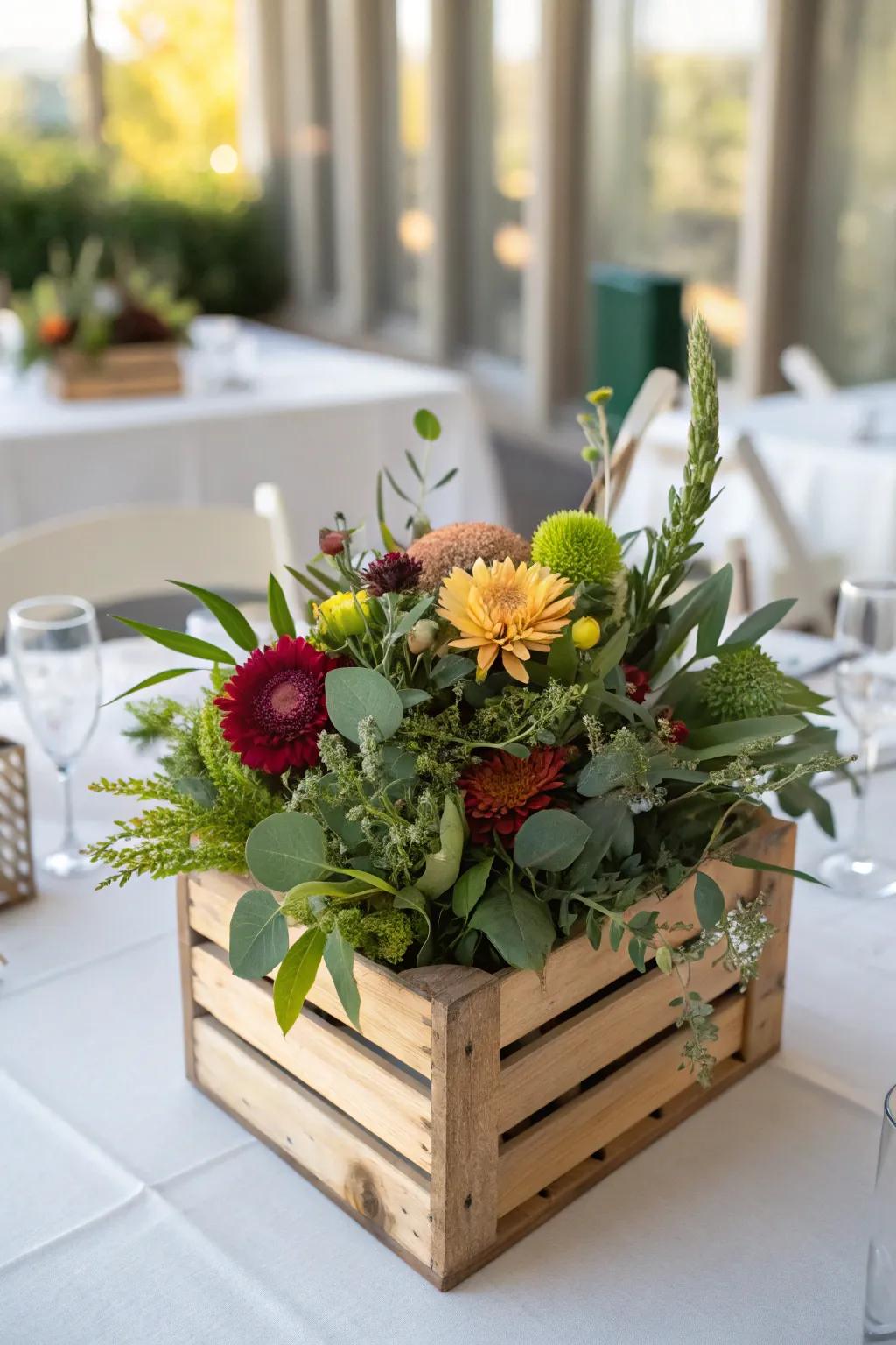 A country crate laden with blossoms engenders a charming centerpiece.