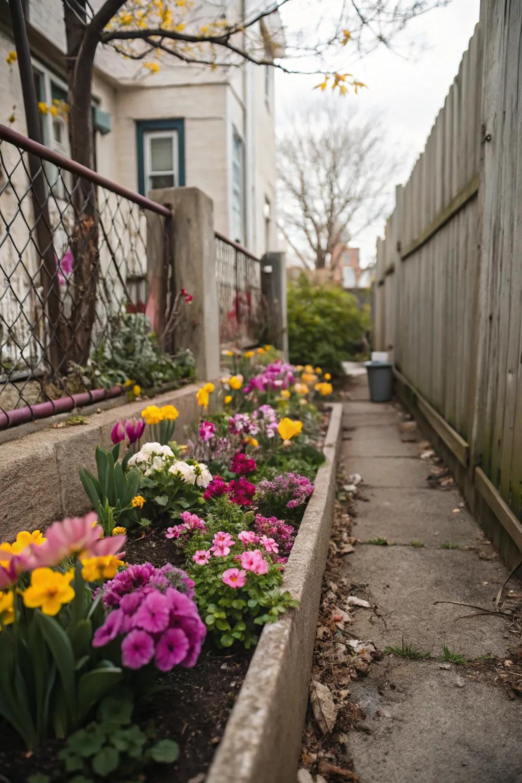 A petite, animated flower bed nestled within a slender lateral yard.