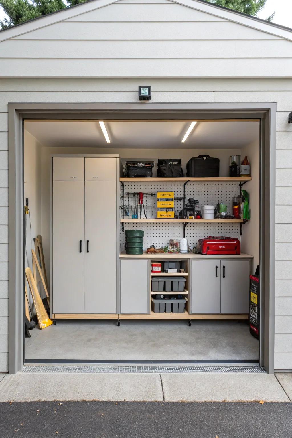 A small garage enhanced with brilliant storage solutions.