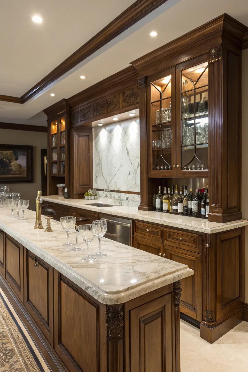 Superior materials impart a sense of opulence to any home bar design.