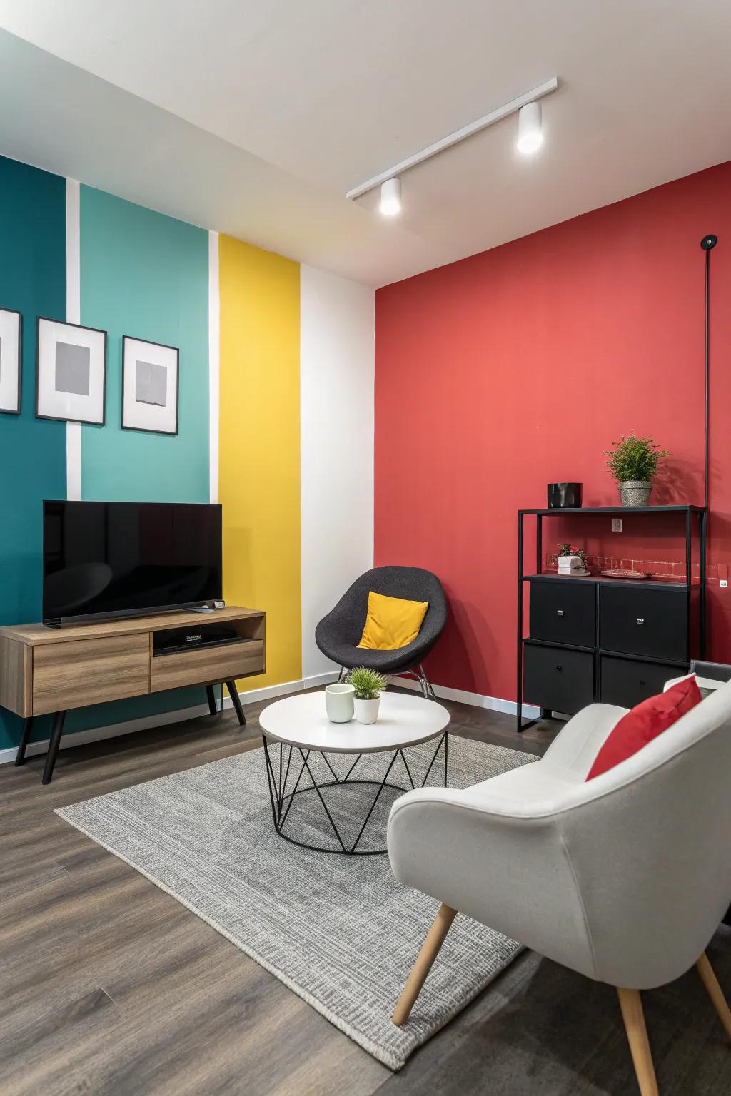 A small living room with color-blocked walls for a dynamic look.