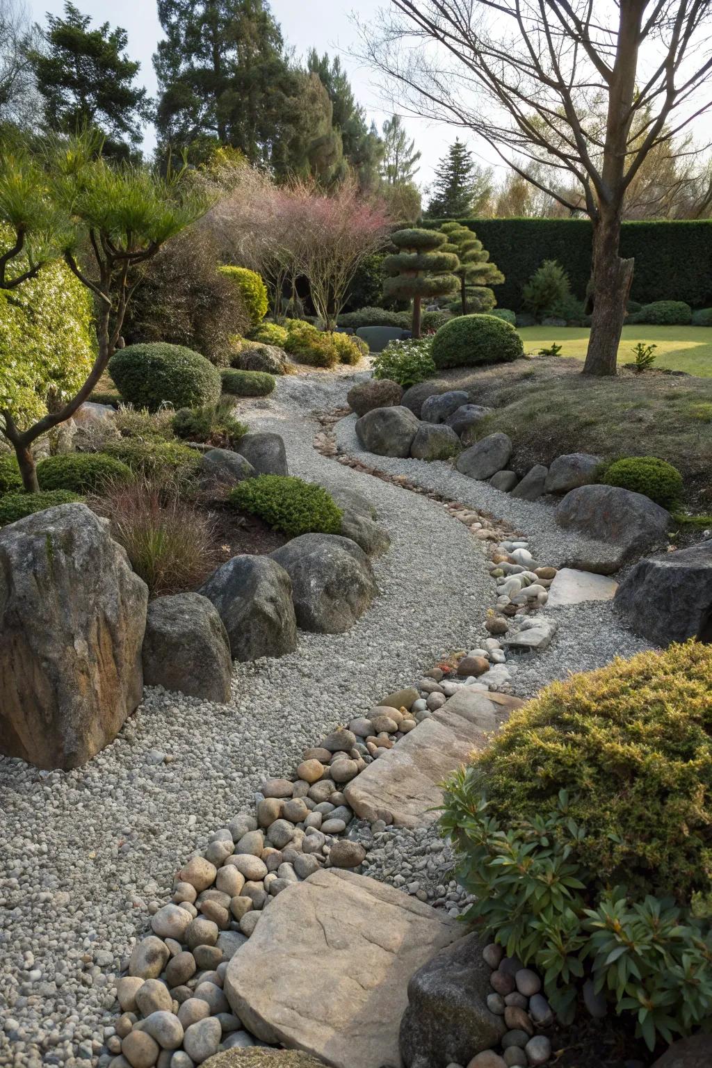 A dry stream bed contributing tactile and visual depth.