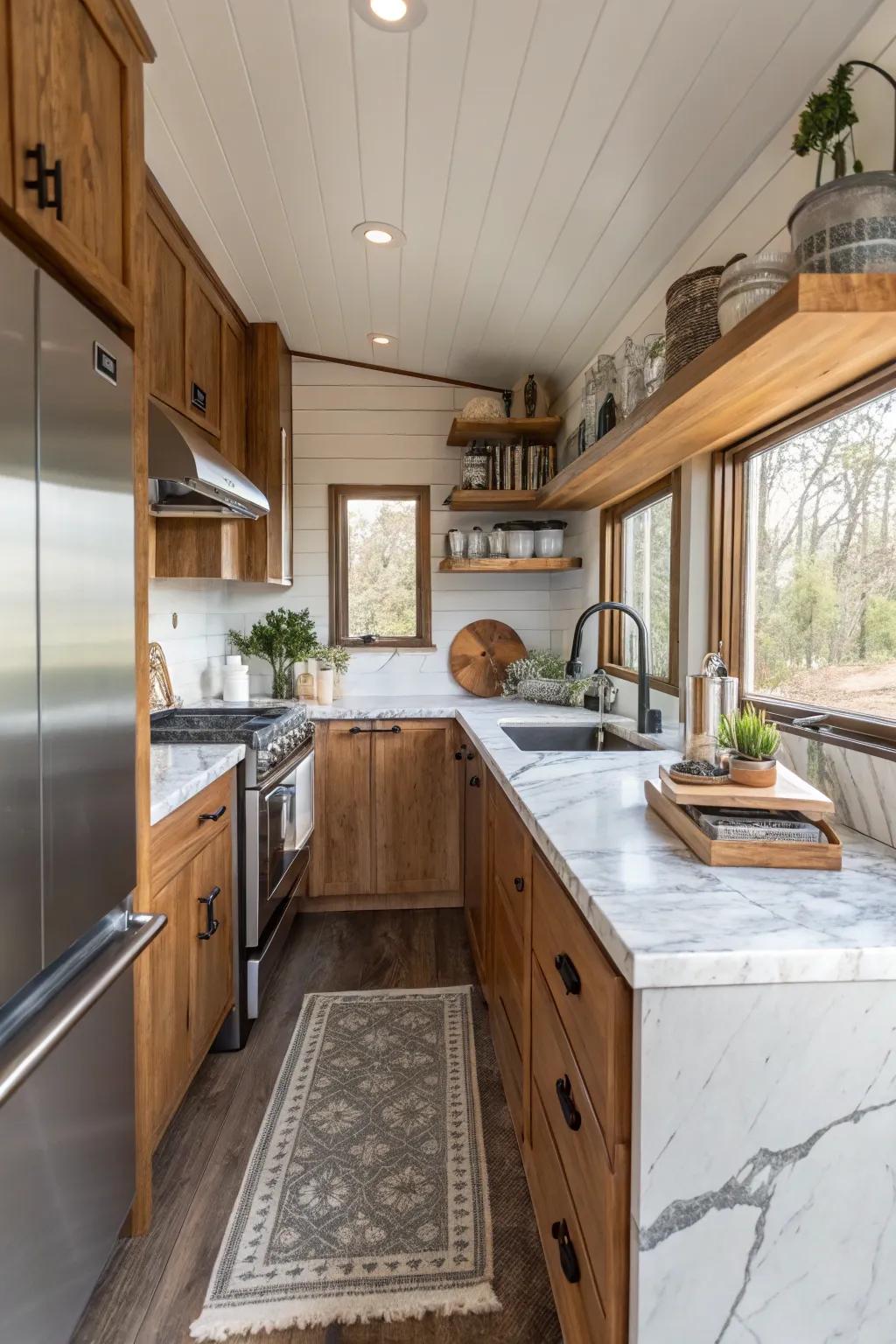 This cooking space showcases a harmonious combination of wooden elements, metal fixtures, and stone surfaces.
