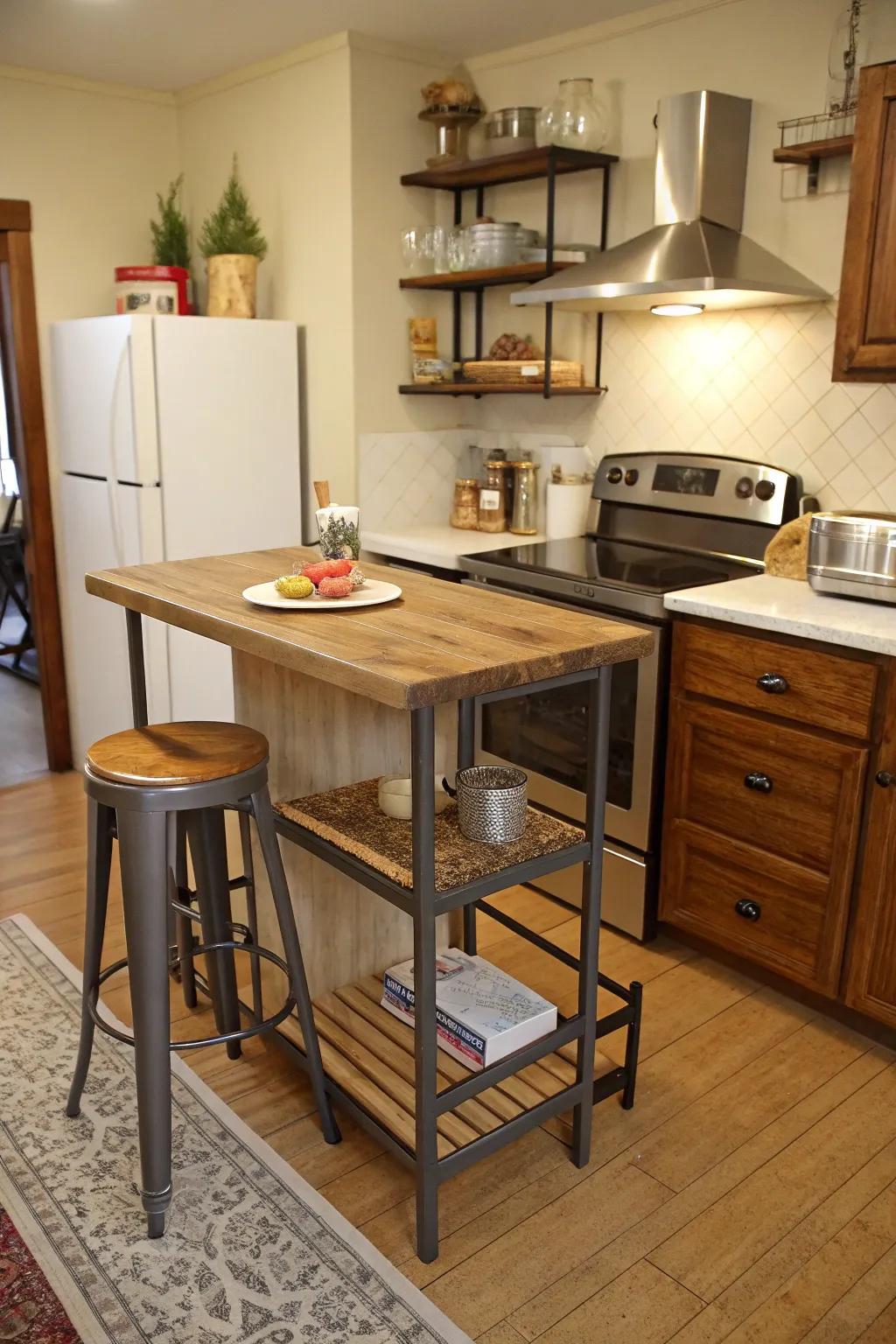 Multipurpose furniture enhances functionality in a small kitchen.