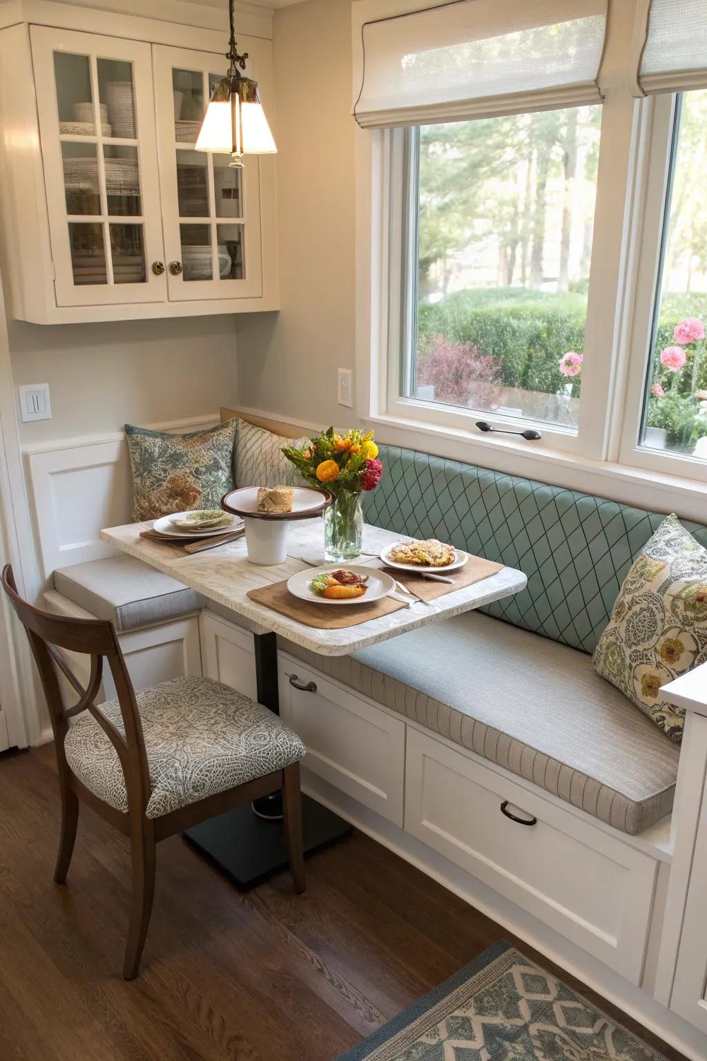 A banquette seating spot merging comfort with storage.
